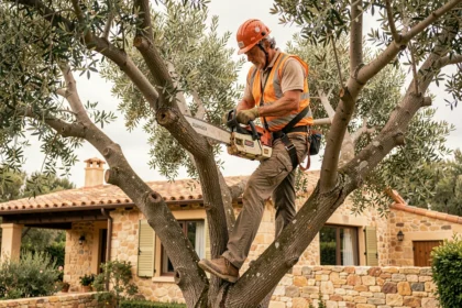 Élagueur professionnel en harnais travaillant en hauteur sur un olivier méditerranéen dans un jardin de Vitrolles