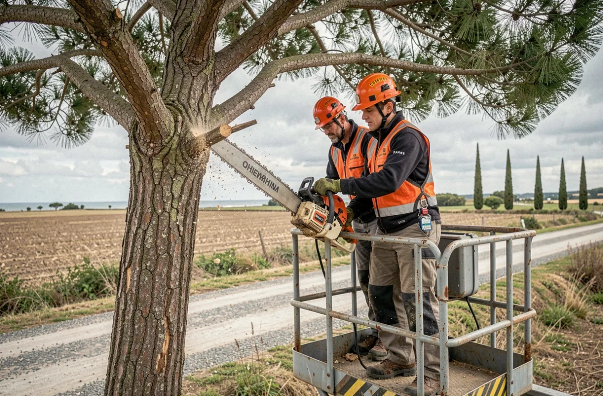 Deux élagueurs utilisant une nacelle élévatrice pour couper une branche de pin maritime en bord de route en Charente-Maritime