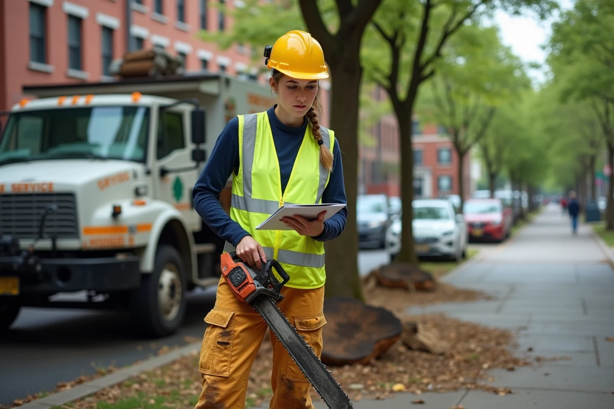 Élagueuse professionnelle en milieu urbain examinant un bon de travail près d'un véhicule de service