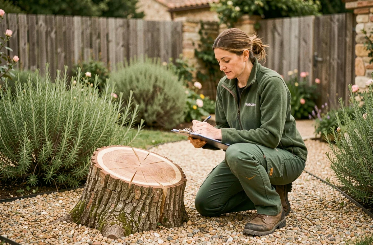 Élagueuse professionnelle évaluant un arbre coupé et rédigeant un devis dans un jardin provençal
