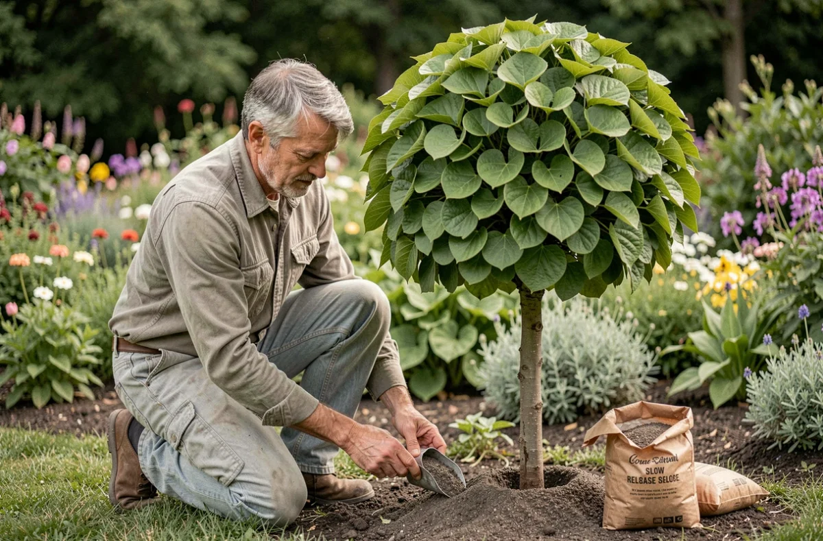 Apport d'engrais granulaire autour d'un catalpa boule par un jardinier