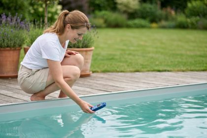 Femme entretenant facilement sa piscine de jardin avec un testeur d'eau numérique