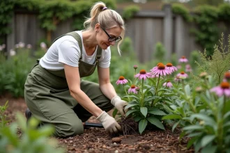 Jardinière divisant des racines d'échinacée vivace dans un parterre de jardin au printemps