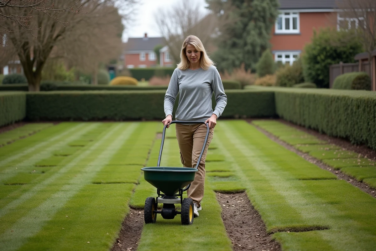Femme utilisant un épandeur manuel pour semer du gazon sur une grande surface de jardin préparée