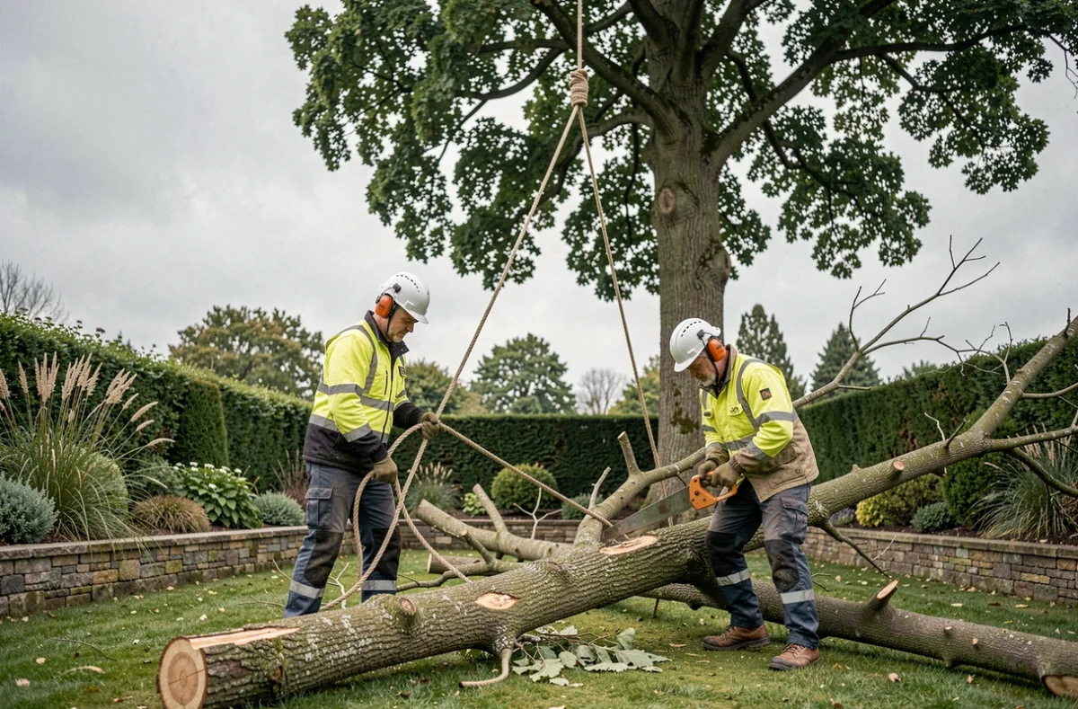 Deux élagueurs coordonnant la descente sécurisée de branches avec des cordes autour d'un grand hêtre dans un jardin privé