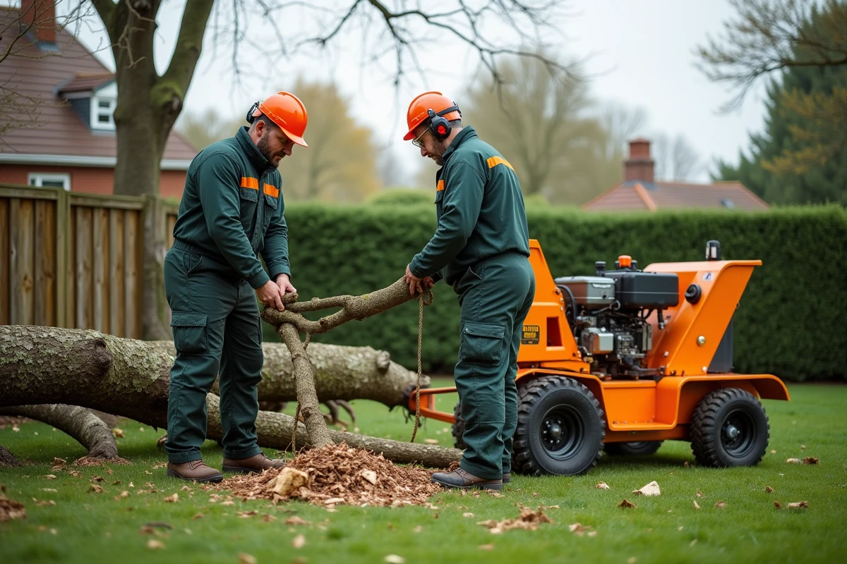 Deux élagueurs professionnels travaillant ensemble au sol avec un broyeur de branches dans un jardin privé