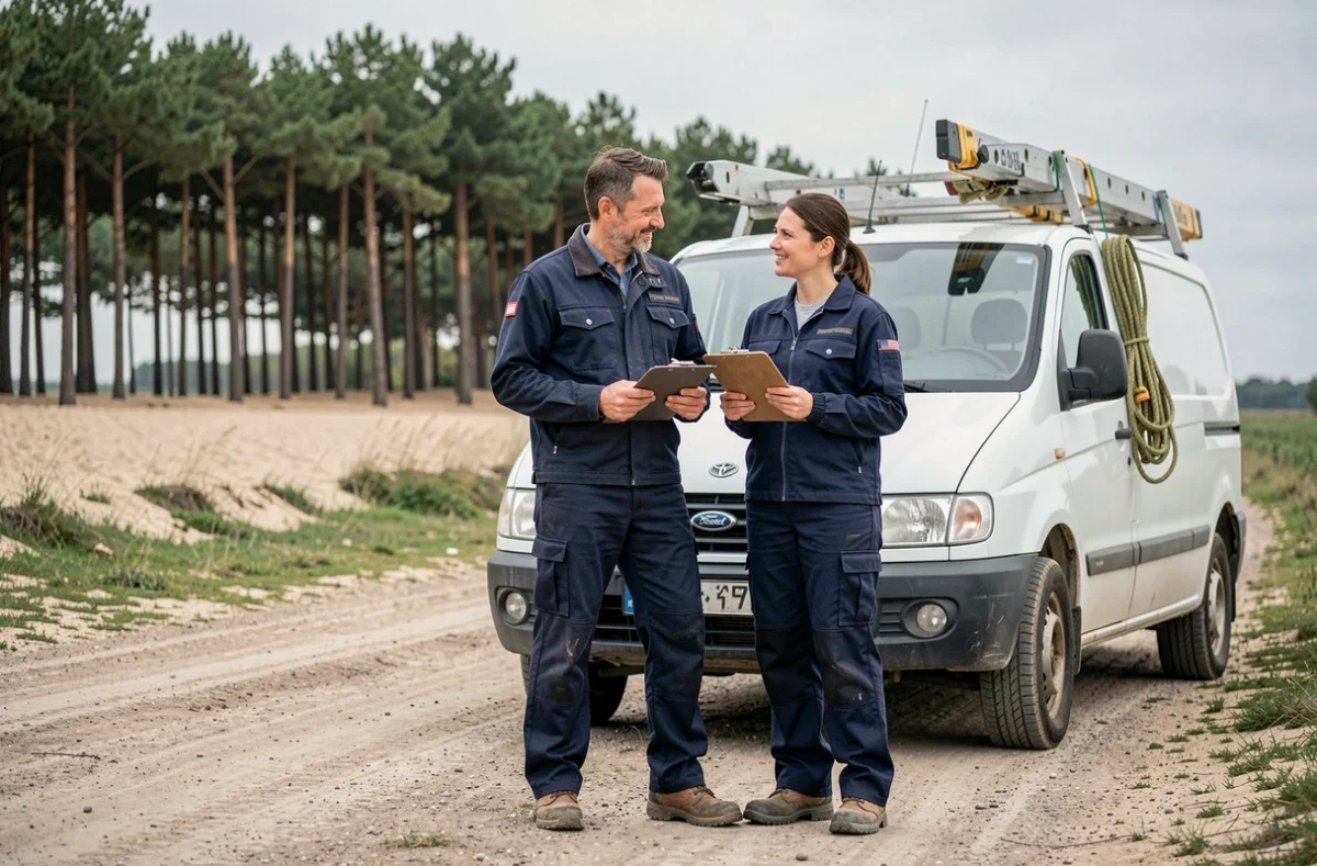 Deux élagueurs professionnels consultant un devis devant leur véhicule de travail dans les Landes