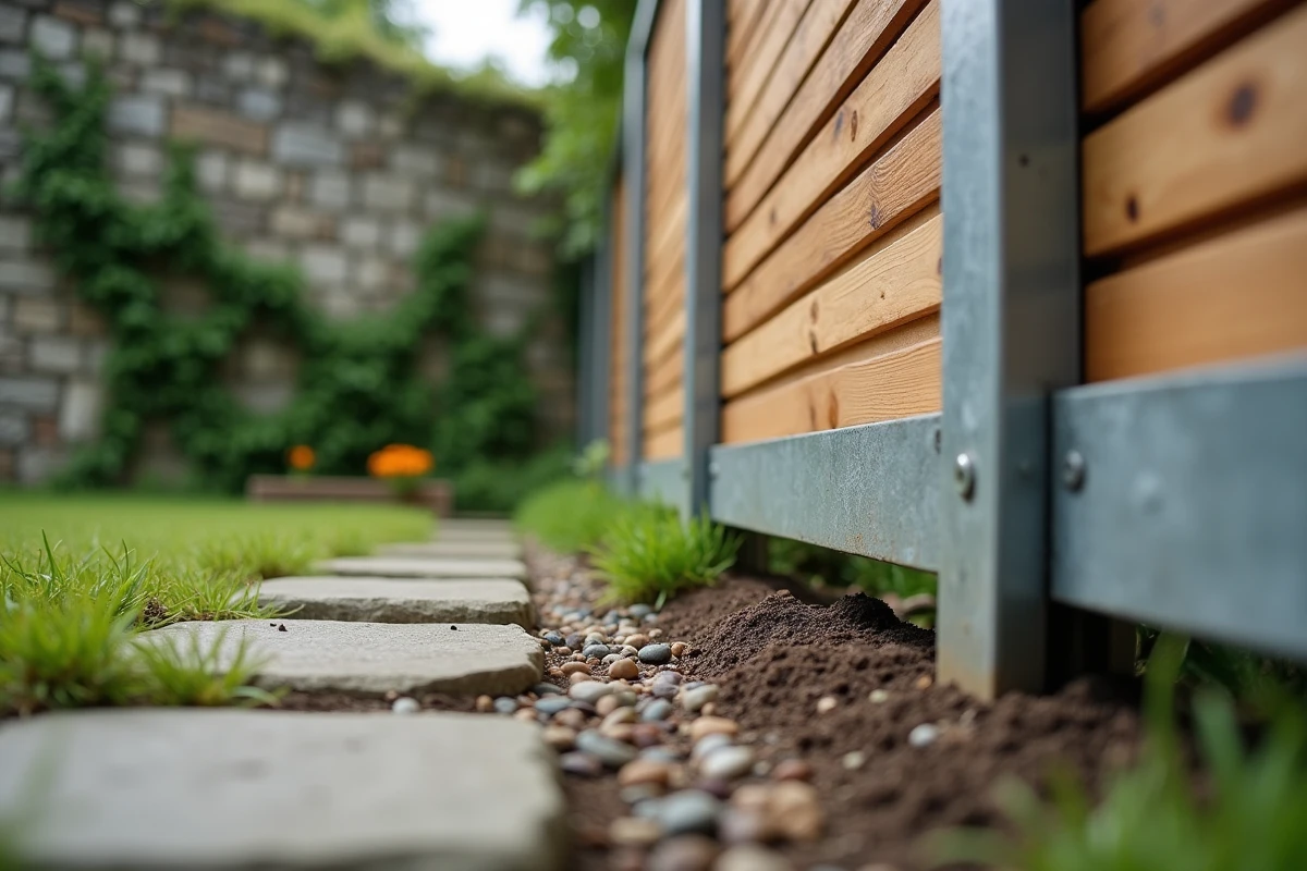 Gros plan sur l'espace entre un brise-vue en bois et un poteau de clôture galvanisé dans un jardin résidentiel