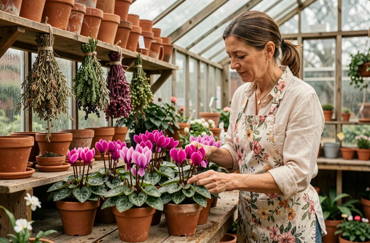 Horticultrice de l'EURL Au Retour Du Cyclamen arrangeant des cyclamens dans une pépinière artisanale