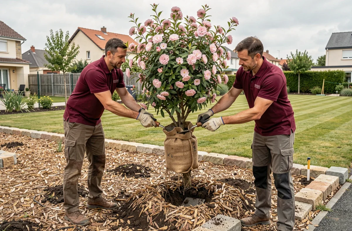 Deux spécialistes d'Euroflor Création transplantant un arbuste fleuri dans un nouveau jardin en banlieue