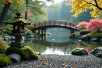 Jardin japonais traditionnel avec lanterne en pierre, gravier ratissé et pont en bois sur un bassin à koïs, illustrant une exposition ombragée
