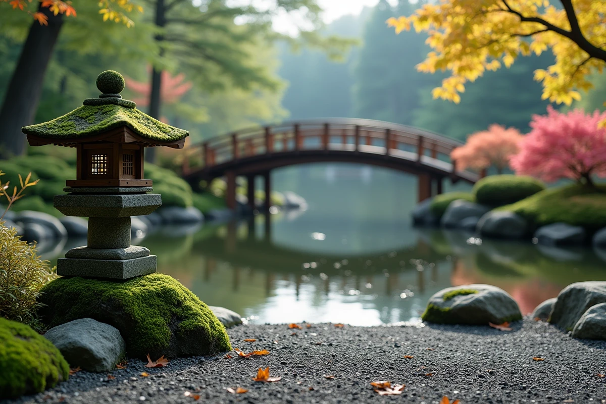 Jardin japonais traditionnel avec lanterne en pierre, gravier ratissé et pont en bois sur un bassin à koïs, illustrant une exposition ombragée