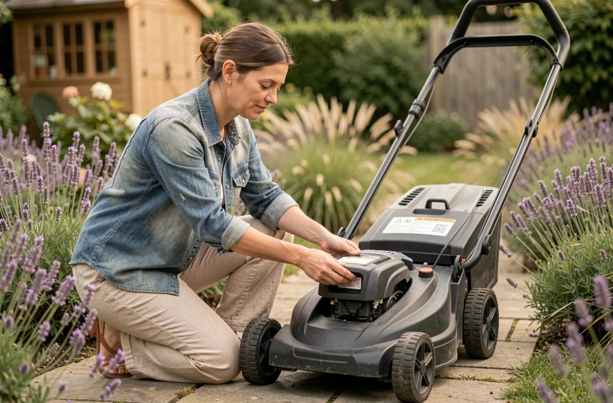 Femme insérant une batterie rechargeable dans une tondeuse à gazon sans fil dans un jardin fleuri