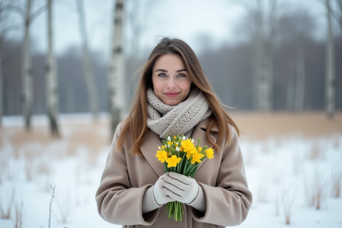 Femme tenant un bouquet de fleurs d'hiver éranthes et perce-neige dans un pré enneigé