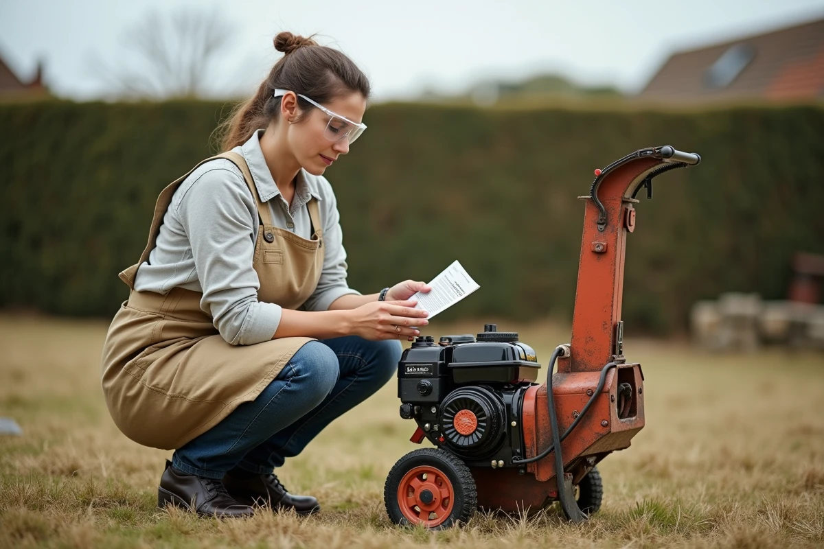 Femme consultant le manuel d'un broyeur thermique dans un jardin rural