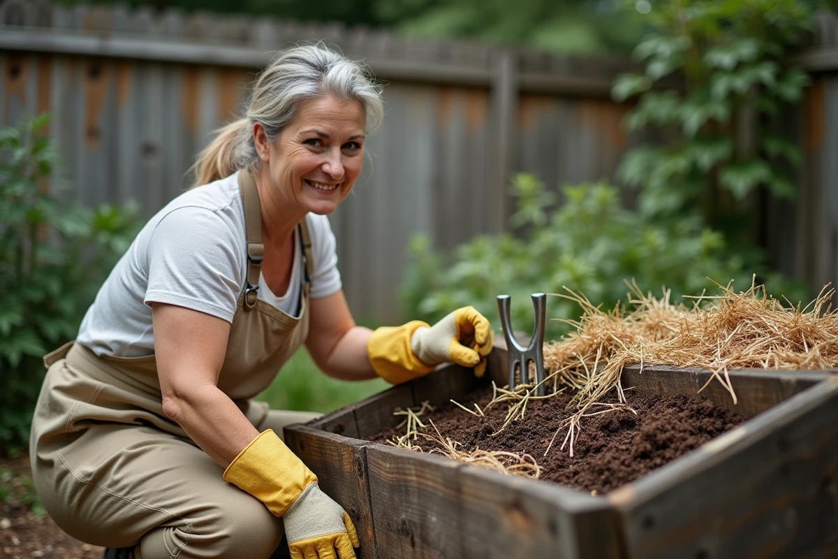 Femme retournant de la paille en décomposition dans un composteur en bois dans un jardin potager