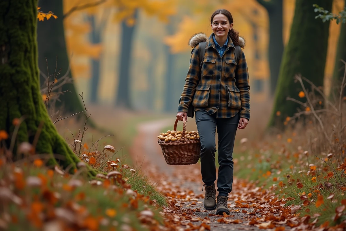 Femme promeneuse rentrant d'une cueillette de cèpes avec un panier plein en forêt d'automne