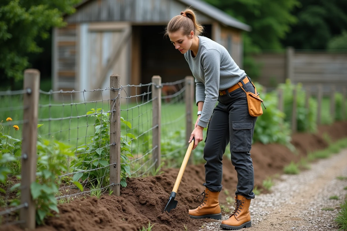 Femme installant un poteau de clôture métallique dans un potager en mesurant la profondeur d'ancrage