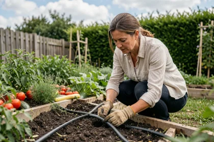 Femme ajustant un système d'irrigation goutte-à-goutte dans un potager pour économiser l'eau au jardin