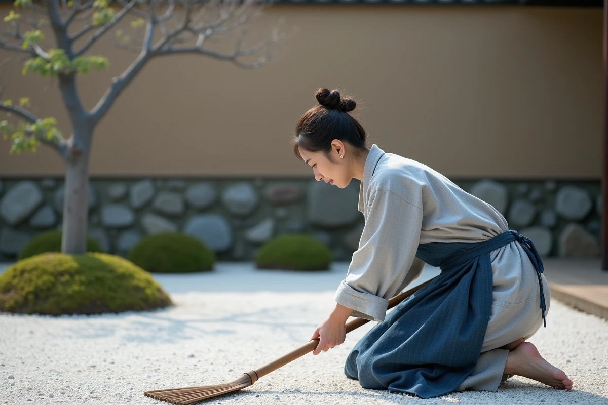 Femme japonaise ratissant le gravier d'un jardin zen avec un râteau en bois, posture calme et concentrée