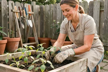 Femme jardinière transplantant des semis de tomates dans un potager surélevé en bois, avec des outils de jardinage durable en arrière-plan
