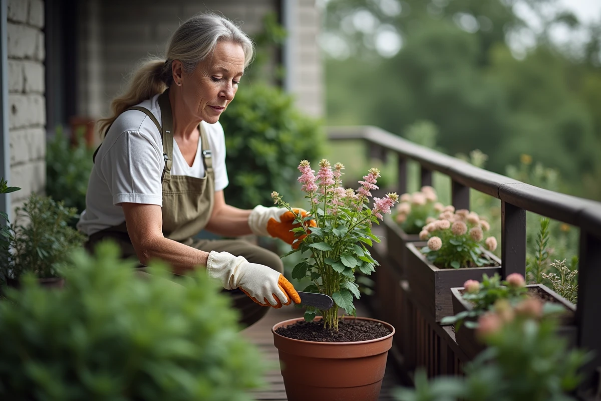 Femme entretenant des plantes d'ombre en pot sur un balcon urbain avec astilbe et hortensia