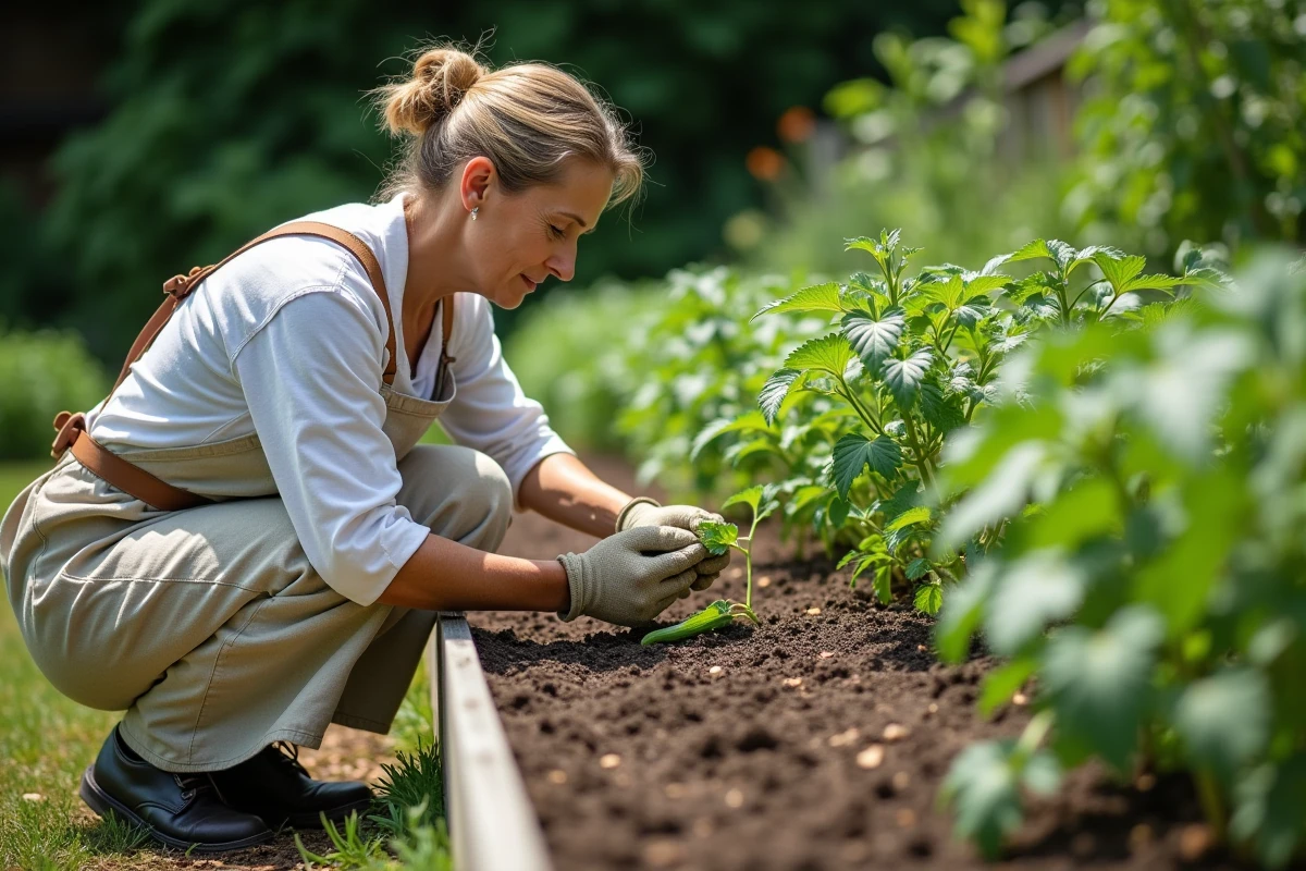 Femme jardinière inspectant les feuilles de ses plants de tomates pour détecter des nuisibles dans un potager surélevé