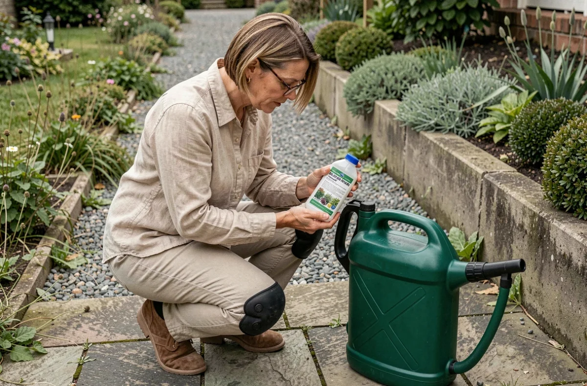 Femme lisant les instructions de dosage du glyphosate pour un pulvérisateur manuel sur terrasse