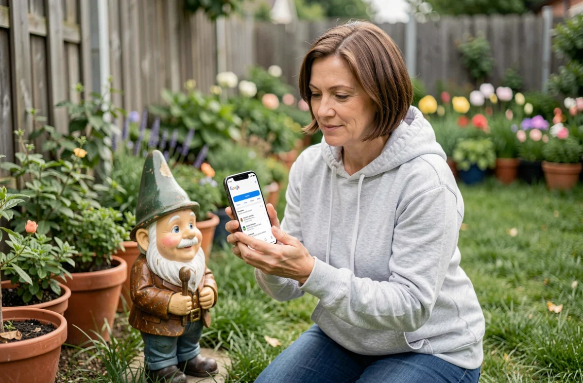 Femme tenant un smartphone avec Google dans un jardin à côté d'un nain de jardin coloré illustrant la recherche de records mondiaux