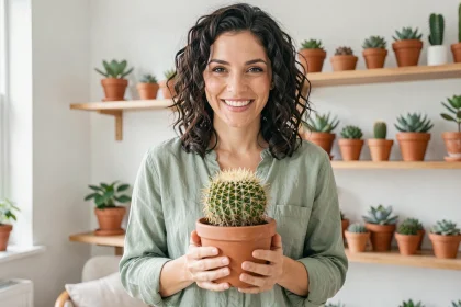 Femme offrant un cactus baril doré dans un intérieur scandinave avec des plantes succulentes en arrière-plan
