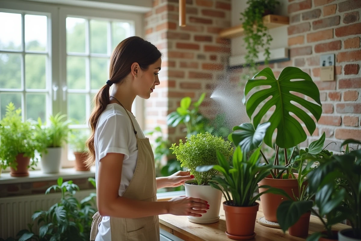 Femme arrosant une collection de plantes d'intérieur productrices d'oxygène dont un monstera et un lys de paix dans une cuisine lumineuse