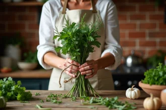 Femme en tablier de lin assemblant un bouquet garni avec du thym, du romarin et du laurier sur une table en bois rustique dans une cuisine française