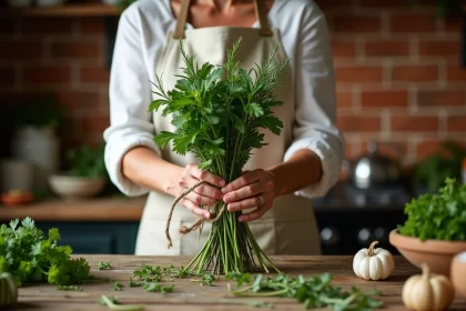 Femme en tablier de lin assemblant un bouquet garni avec du thym, du romarin et du laurier sur une table en bois rustique dans une cuisine française