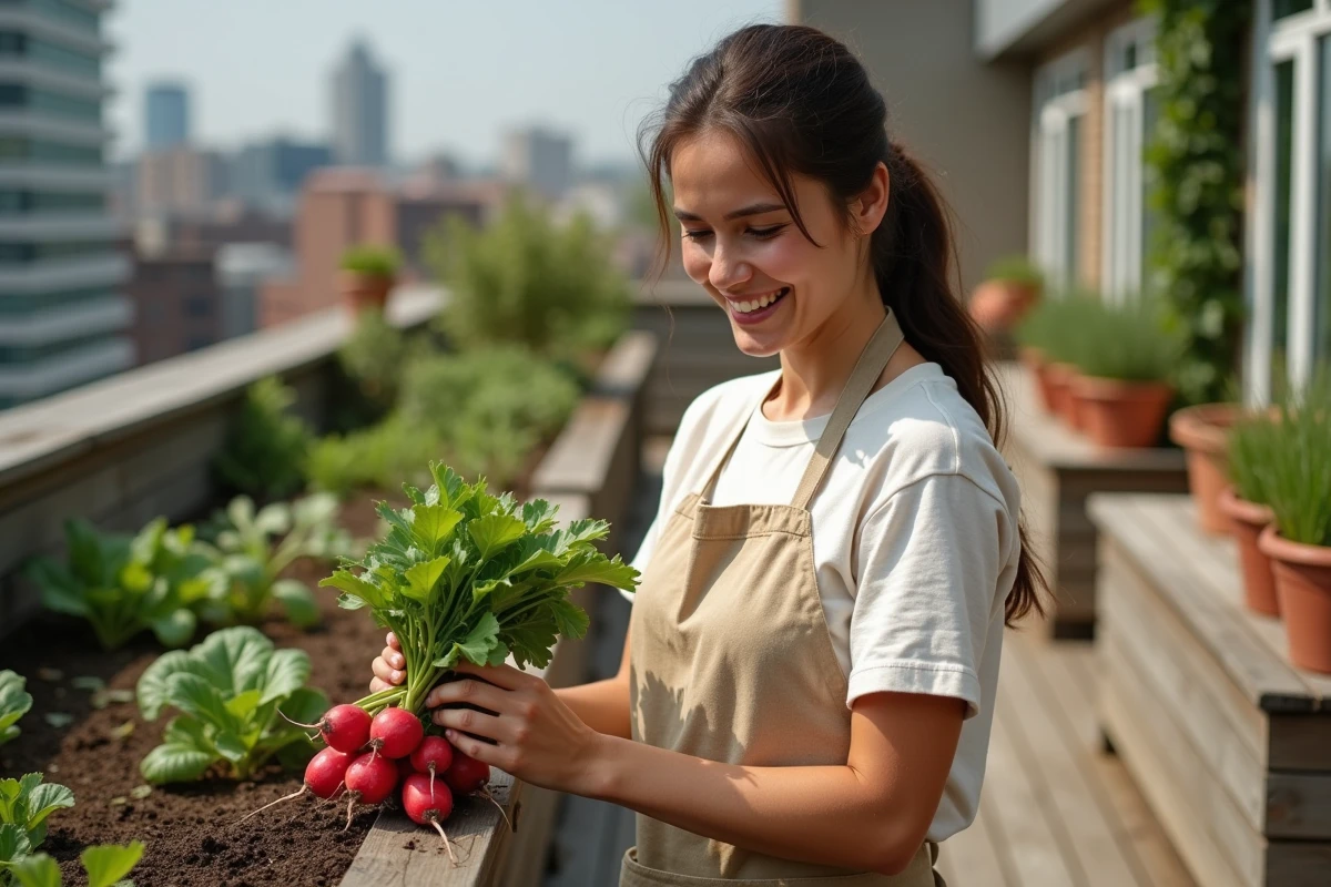Femme récoltant des radis à pousse rapide dans un jardin potager surélevé sur terrasse urbaine