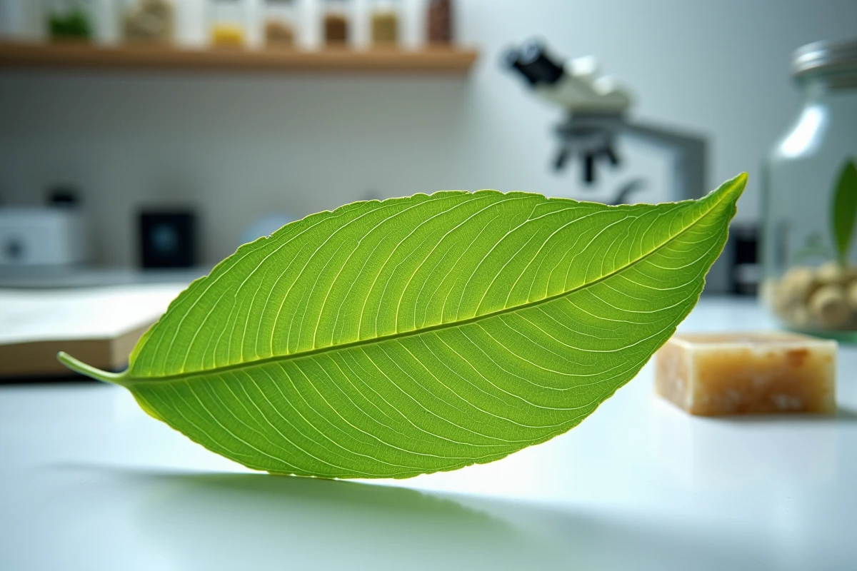 Feuille de sorgho en gros plan sur un bureau de laboratoire botanique, illustration des caractéristiques anatomiques des plantes C4