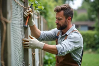 Homme fixant un filet de protection sur une clôture en bois dans un potager