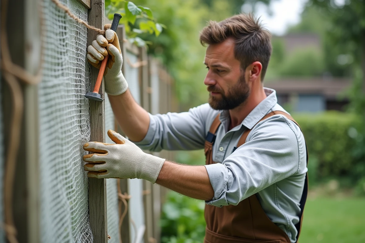 Homme fixant un filet de protection sur une clôture en bois dans un potager