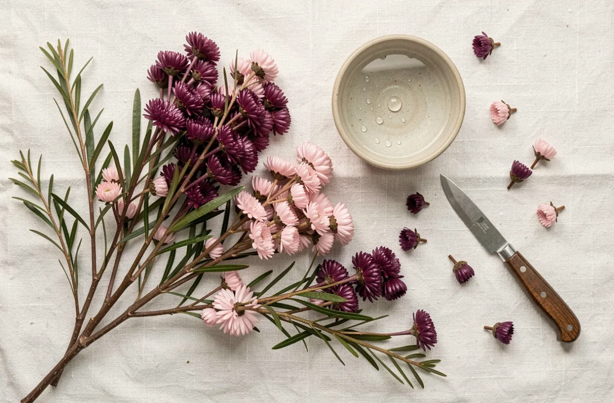 Flat lay de branches de waxflower Chamelaucium uncinatum en mauve et rose pâle sur lin blanc avec outil de jardinage