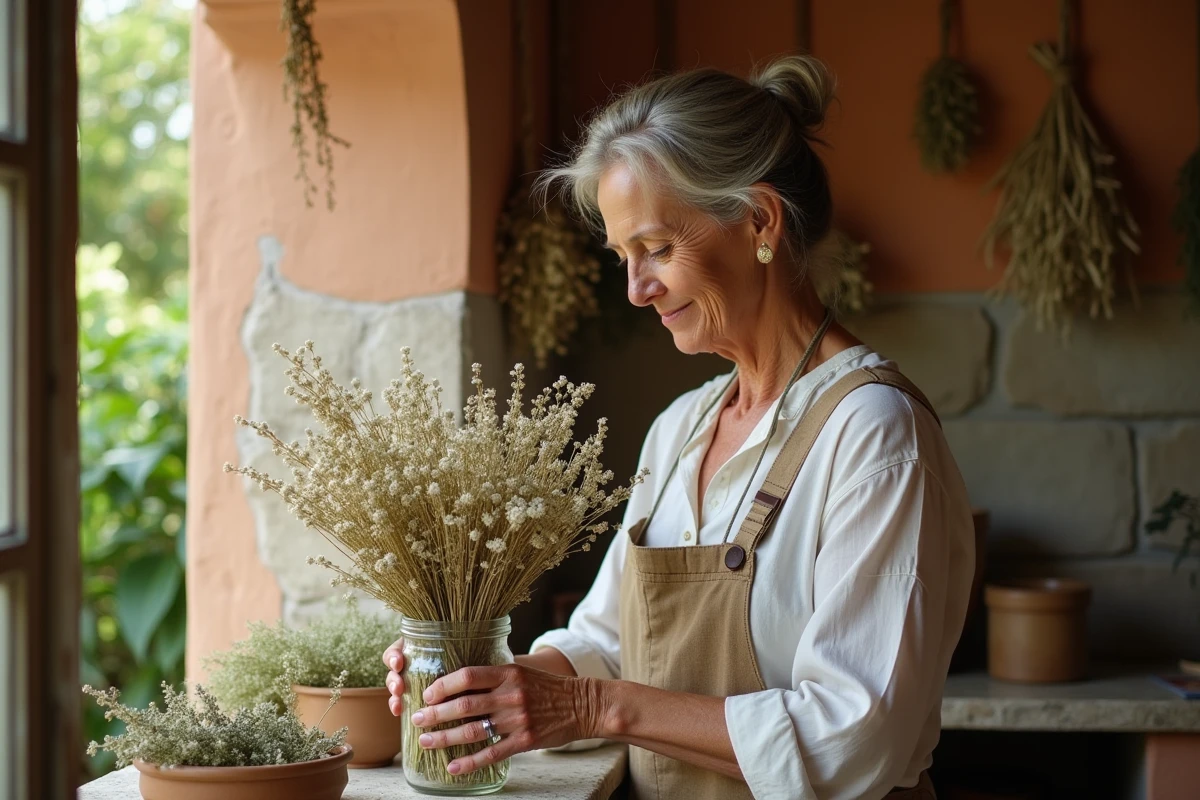 Femme mature arrangeant un bouquet de millepertuis et de sauge blanche dans un bocal en verre sur un rebord de fenêtre en pierre, dans une cuisine de cottage méditerranéen aux herbes suspendues, illustrant les rituels de protection par les fleurs.