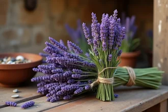 Bouquet de lavande fraîche attaché avec de la ficelle naturelle sur une surface en bois rustique, entouré d'herbes séchées et de pierres dans un bol céramique ancien, évoquant les traditions de protection spirituelle par les plantes.