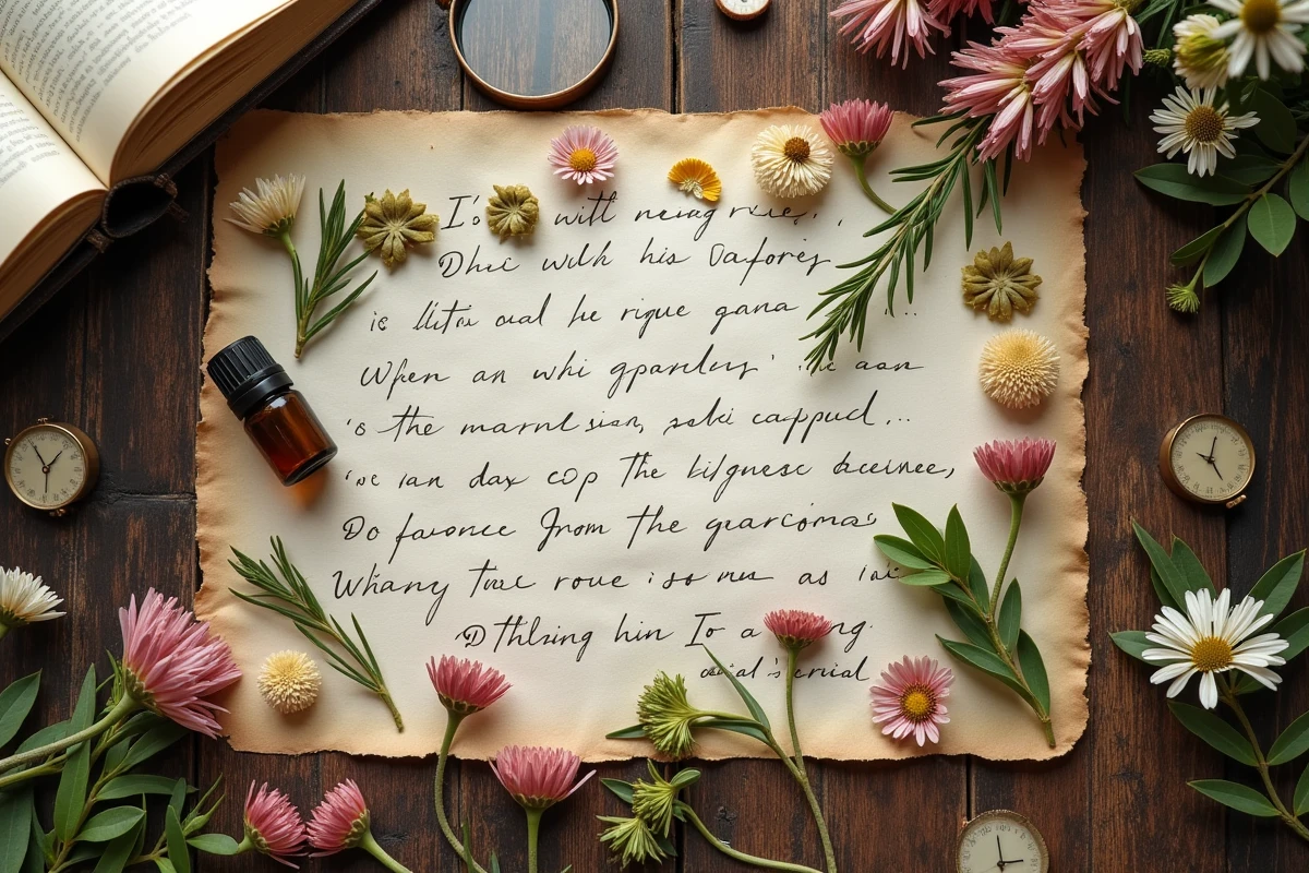 Vue de dessus d'un arrangement à plat de fleurs protectrices séchées incluant rue, romarin et achillée millefeuille sur un parchemin manuscrit ancien, avec un flacon d'huile essentielle et une loupe vintage sur un bureau d'herboriste.