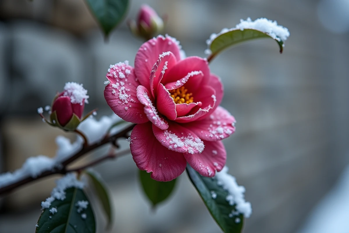 Camélia rose magenta fleuri sur une branche enneigée en hiver dans un jardin urbain