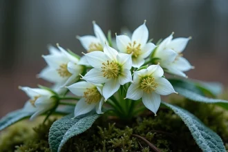 Fleurs d'hellébore blanches en fleur sous le givre hivernal dans une forêt