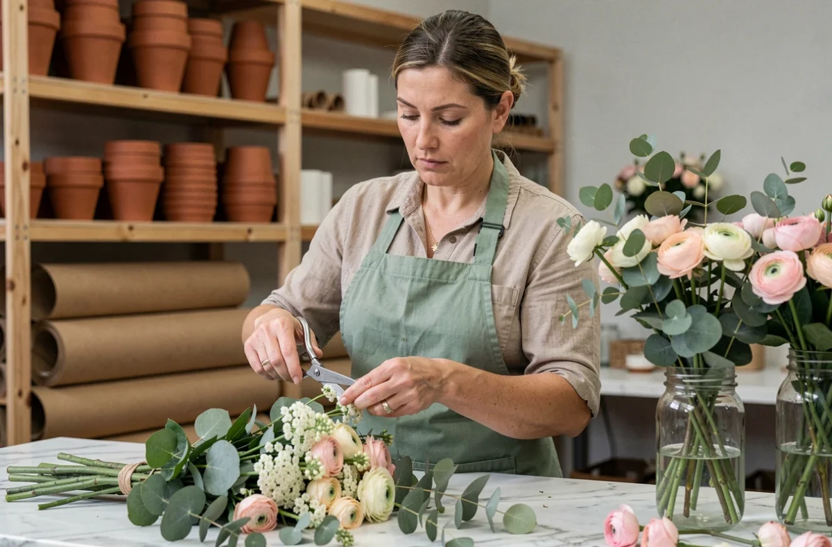 Fleuriste professionnelle assemblant un bouquet avec du waxflower Chamelaucium uncinatum et de l'eucalyptus dans un atelier floral