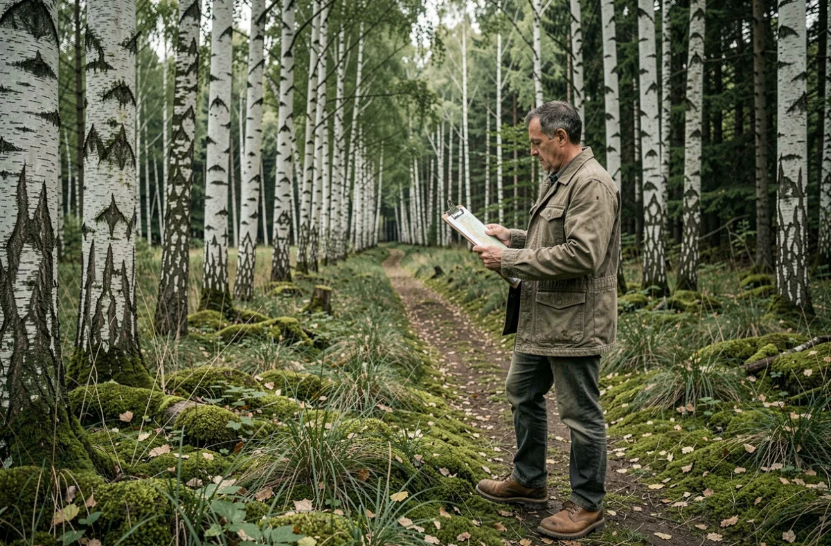 Expert forestier de Forêts et Paysages inspectant une lisière boisée en Seine-Saint-Denis avec une carte