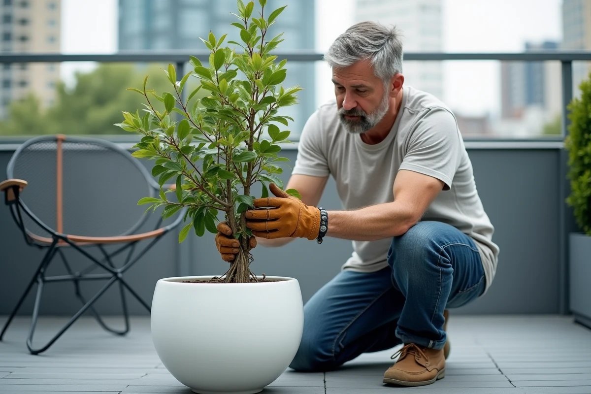 Homme attachant les tiges d'un jasmin étoilé en pot sur une terrasse moderne avec treillage