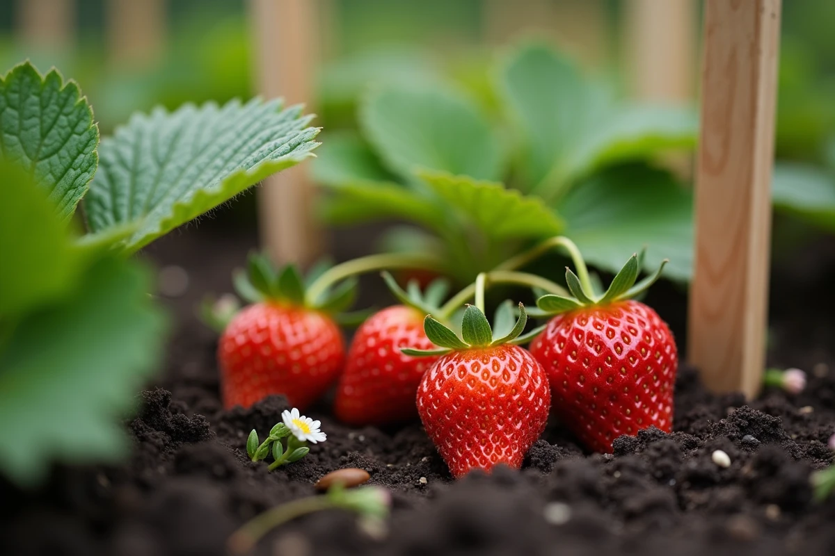 Fraises mûres à croissance rapide dans un potager avec feuilles vertes et fleurs blanches sur sol sombre