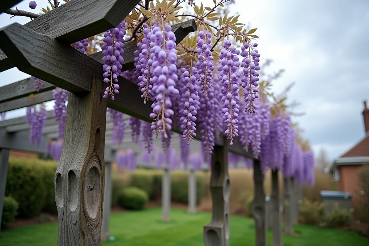 Glycine mature et résistante au vent enroulée autour d'une pergola en bois dans un jardin de banlieue