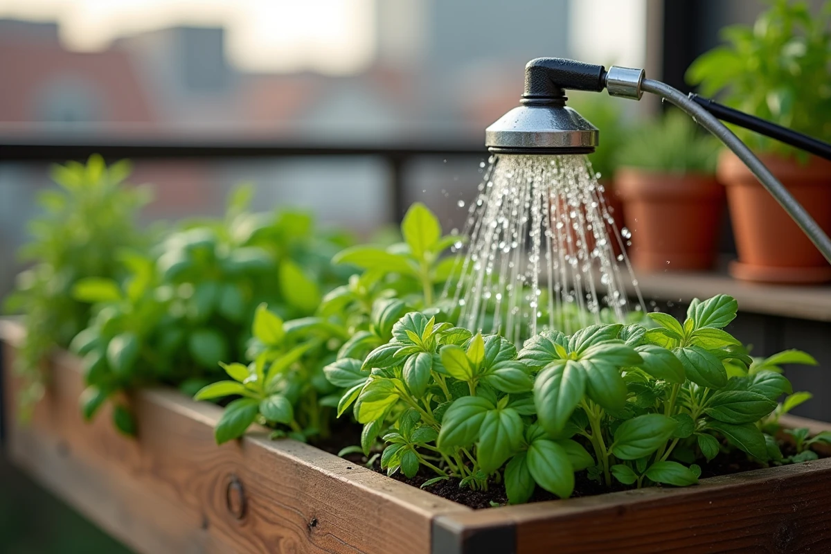 Gros plan d'un arroseur automatique projetant des gouttelettes d'eau sur des herbes aromatiques dans un jardin urbain sur balcon