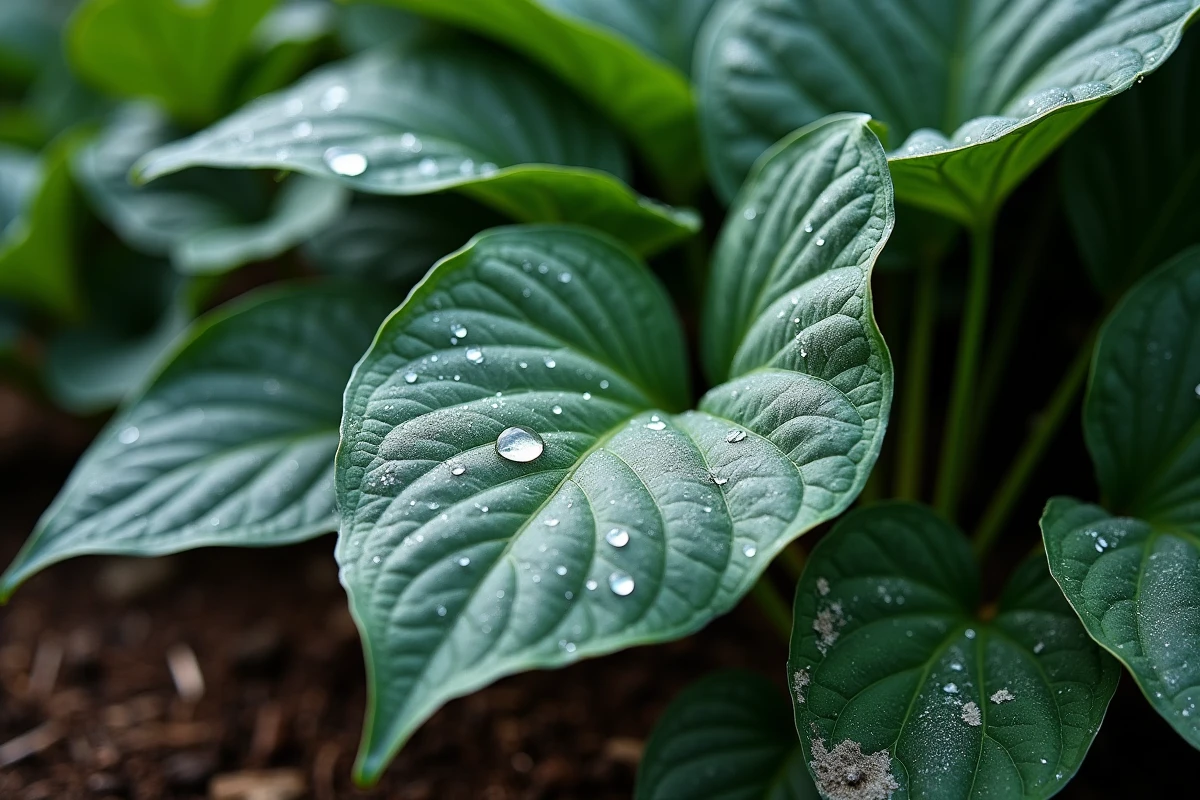 Gouttelettes d'eau stagnantes sur des feuilles de plantes au jardin causant du mildiou, risques de l'arrosage tardif le soir